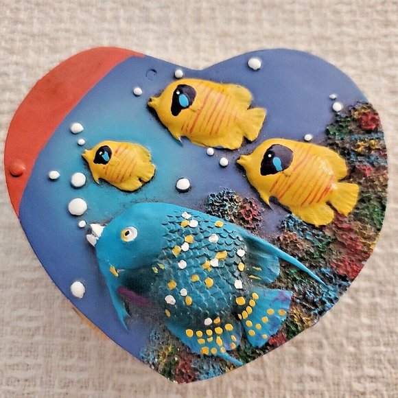 Colorful Hand Painted Heart Shaped Tropical Fish Trinket Box Ceramic 3D Fish - Picture 6 of 8